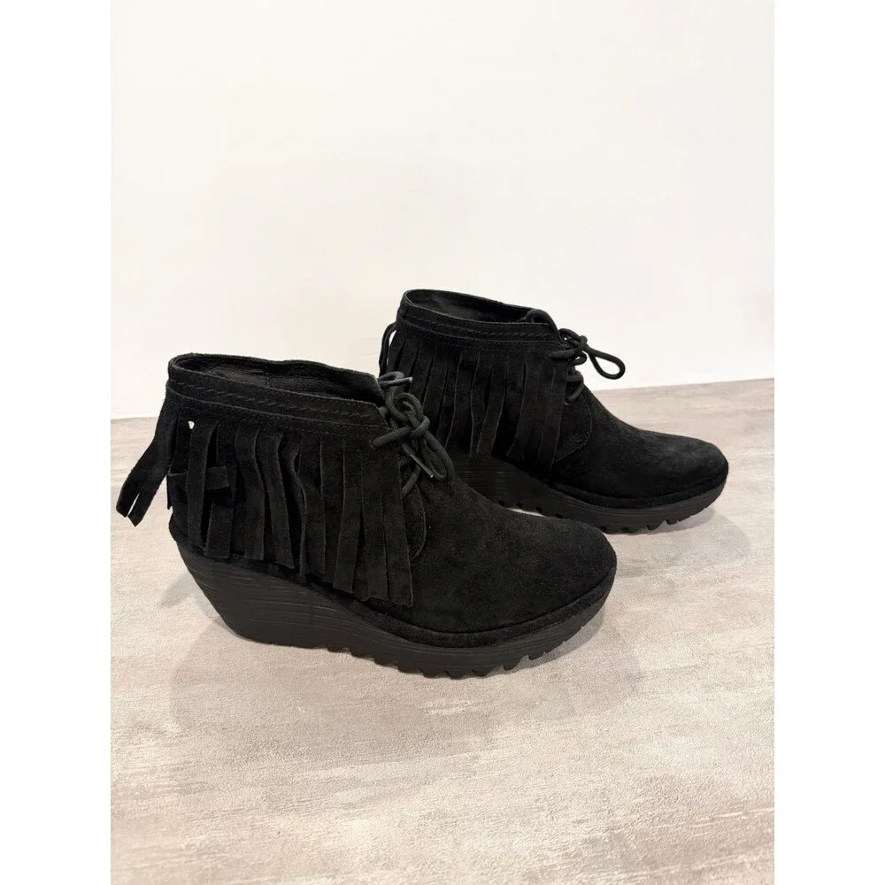 Fly London Yank Black Oil Suede Fringe Wedge Ankle Booties Boots US 7.5 EU 38